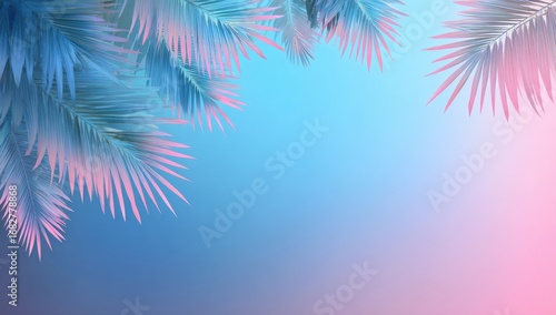 Pastel palm leaves frame a vibrant gradient background