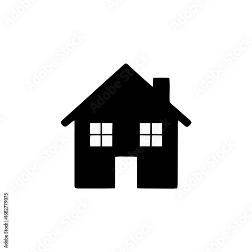 Vector art of black house icon with windows and door, representing home, real estate, and residential property