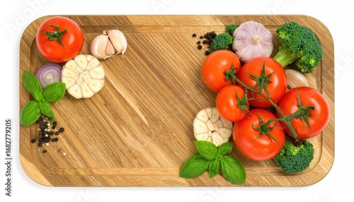 Fresh vegetables (tomatoes, garlic, basil, broccoli, onion, pepper) scattered on a wooden cutting board, against a white backdrop
