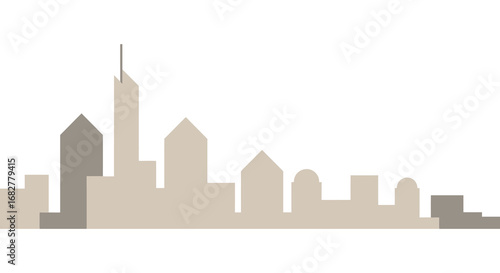 A gray and beige city skyline with various tall buildings