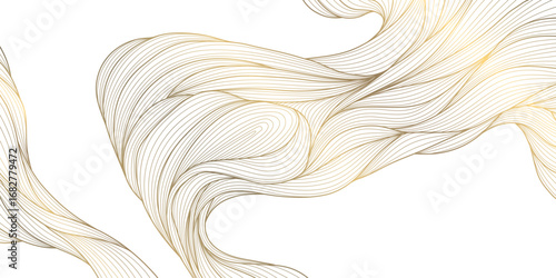 Vector gold line wave background, flow elegant luxury organic pattern. Soft flow dynamic sea graphic, shiny abstract ornament, silk premium wallpaper