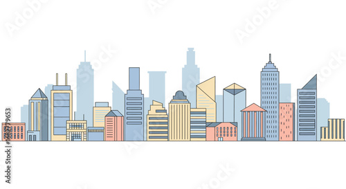 City skyline with various buildings and skyscrapers in pastel colors on white background