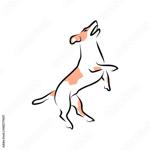 Illustration of a dog jumping in the air with its mouth open, as if barking or playing
