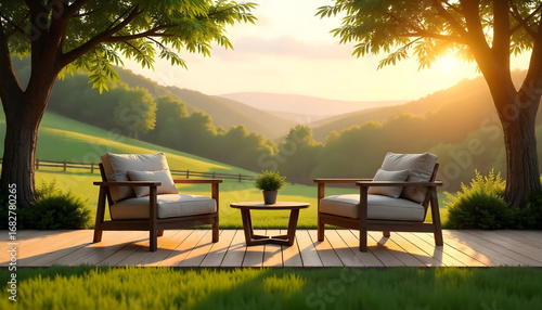 Serene landscape with patio chairs at sunset furniture