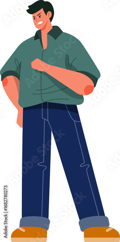 Angry man standing, arms crossed, in casual attire.