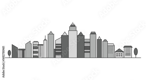 A city skyline with various buildings and skyscrapers in a simple style
