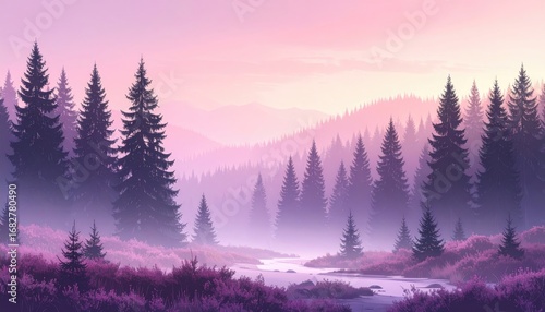 Dreamy landscape with hazy purple sky, rolling hills, and dense coniferous forest reflected in a river below
