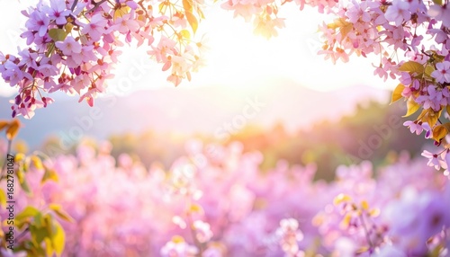 Soft focus shot of pink blossoms framing a sunny landscape with blurred hills in the distance. Floral, ethereal, spring aesthetic