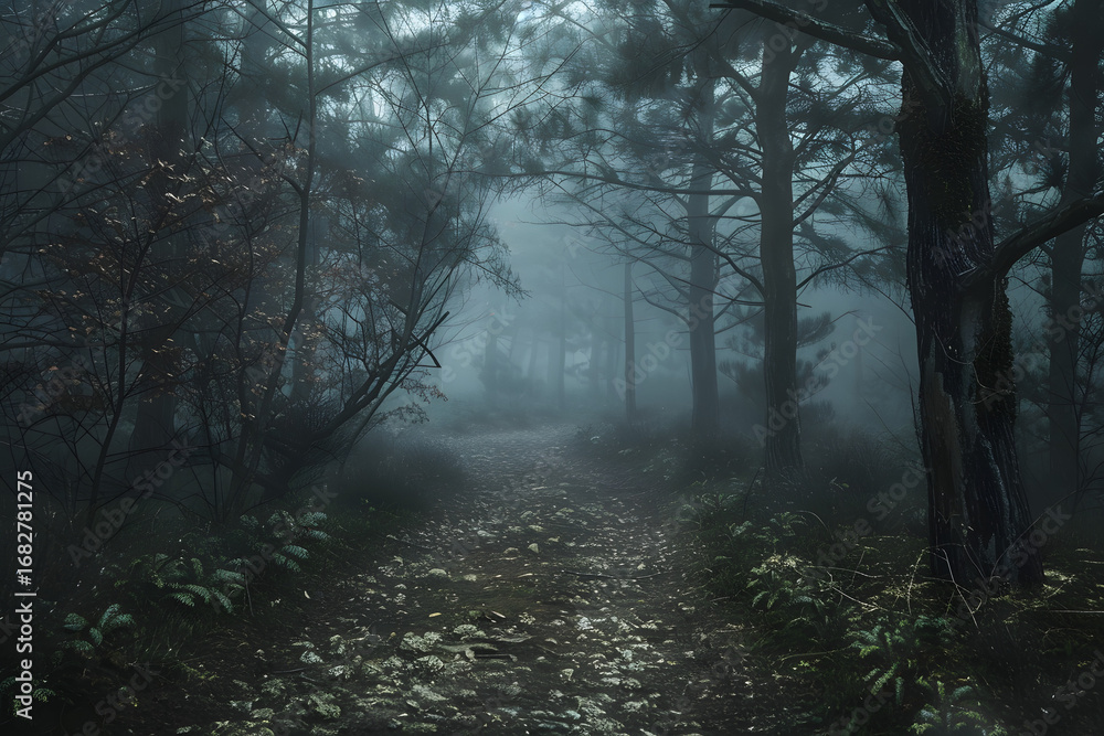 Obraz premium Mystical Foggy Pathway in Forest: Tranquil and Scenic Nature Exploration