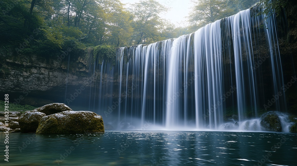 Fototapeta premium Lush Forest Waterfall with Mossy Rocks