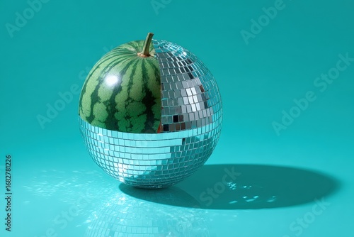 A watermelon half combined with a disco ball, on a teal background