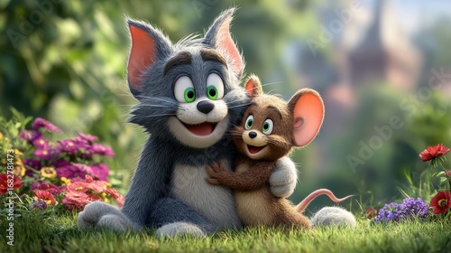 Tom and Jerry hug in a garden friendship happiness