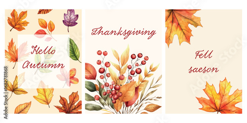 Hello autumn greeting cards with autumn leaves. Set of cards for autumn season and Thanksgiving Day with autumn leaves and autumn plants. Watercolor autumn leaves. Autumn season. Vector illustration.