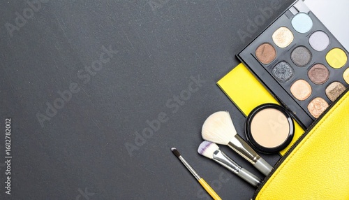 Makeup products spill from a yellow cosmetic bag onto a dark surface. An eyeshadow palette and brushes are visible in the composition