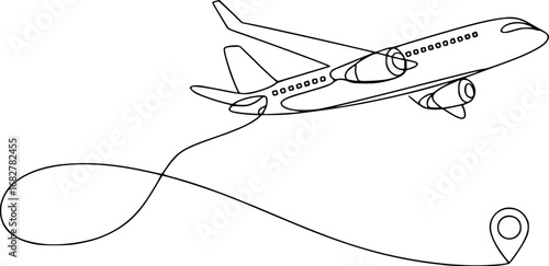 Minimalist jet airplane flying with destination marker aircraft travel