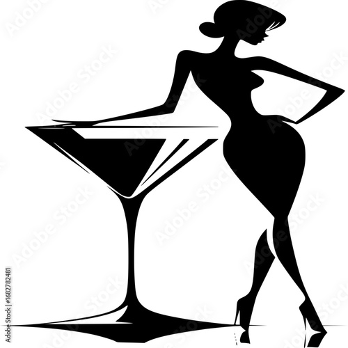Elegant silhouette with martini: A stylish silhouette of a woman leans against a stylish oversized martini glass. A sophisticated image of elegance and leisure, perfect for a night out.