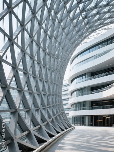 Modern Architectural Interior with Curved Glass and Steel Structure