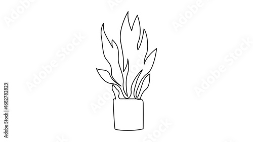 Elegant one line Simple line drawing of a tall potted plantart depicting a woman in a warrior yoga pose
