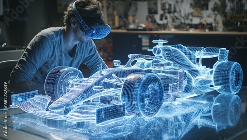 A man wearing VR headset views a digital 3D model of a race car