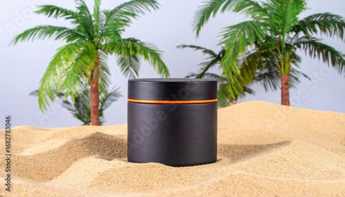 Black container stands on sand with palm trees in the background against a bright backdrop, creating a vacation-themed, summery feeling