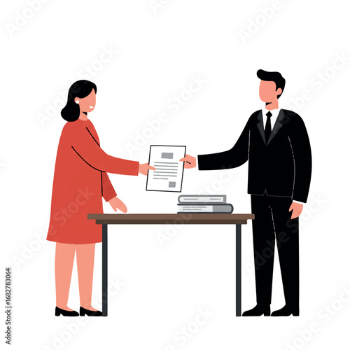 A public servant hands an official document to a citizen in a clean, minimalist 2D flat vector illustration, depicting efficient governmental service and administrative procedures.