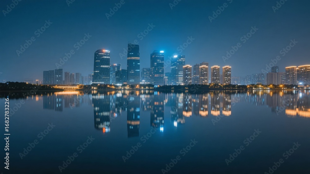 Fototapeta premium Nighttime cityscape with illuminated skyscrapers reflected in calm water
