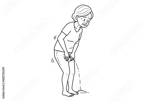 Elderly woman experiencing urinary incontinence distress with visible leakage in simple line art style