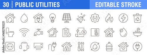 Collection of public utilities icons. Electricity, water, housing, heating, and cooling. Vector design templates, signs, symbols, and editable strokes.