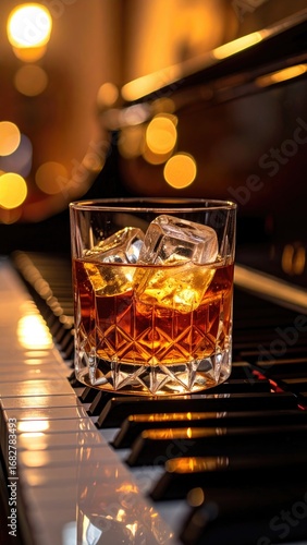 A glass of amber liquid with ice cubes rests on piano keys, warmly lit with blurred golden orbs in the background, creating a rich atmosphere