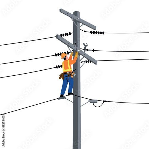 A diligent municipal worker repairs a crucial public utility line, depicted in a clean 2D flat vector illustration style with solid colors and minimalist graphic lines, isolated on white.
