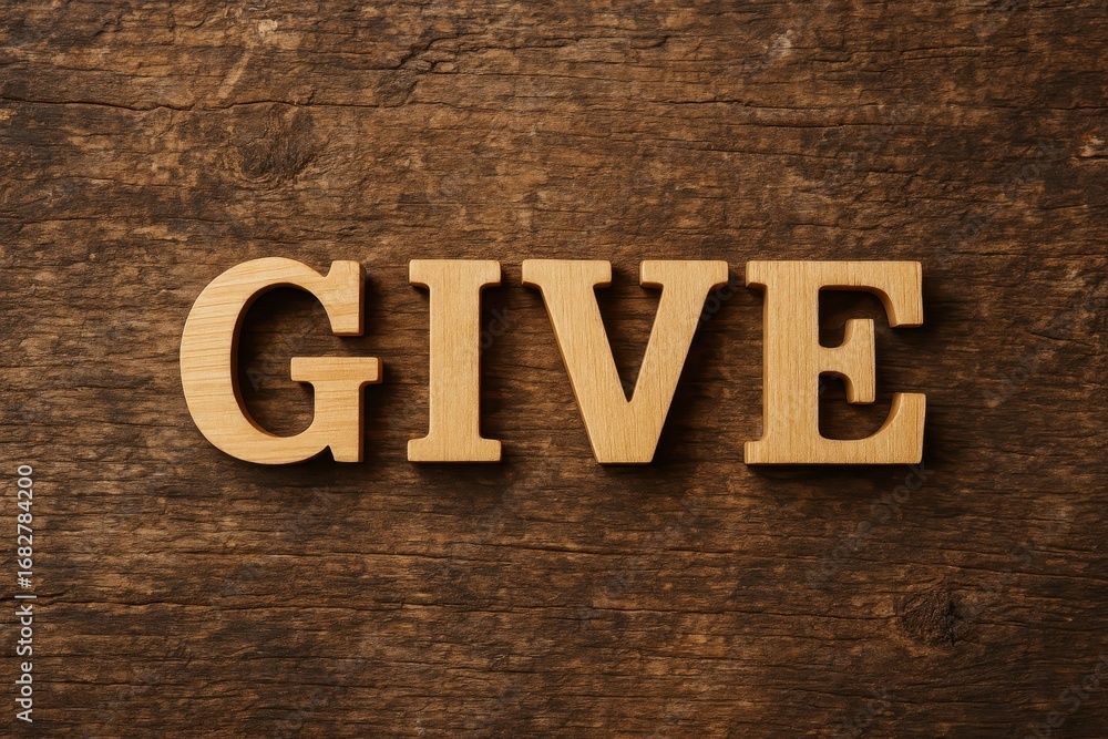 Fototapeta premium Give Message on Wood: The word GIVE carved into individual wooden letters, presented on a warm, rustic wooden background, conveys generosity.