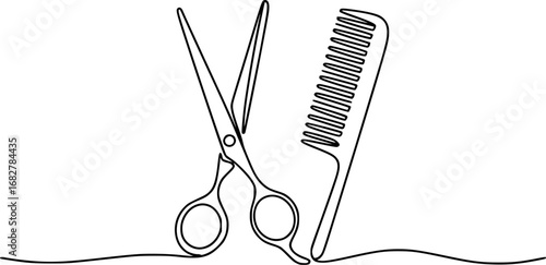 Minimalist line art of scissors and comb haircut grooming