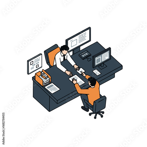 A person submits an application at a government office counter in a minimalist 2D flat vector illustration, featuring clean lines and solid colors on a white background.