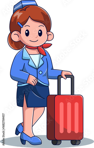 Cartoon illustration of a smiling flight attendant in uniform with a red suitcase.