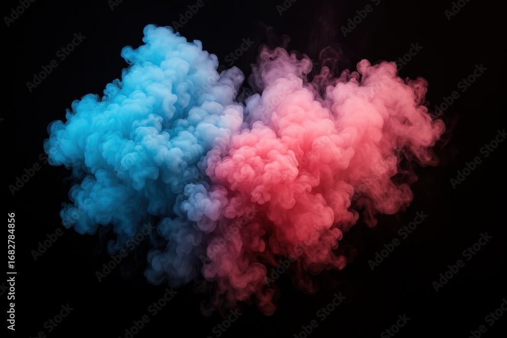 Fototapeta premium Colorful Smoke in Contrast: An artistic composition of vibrant blue and red smoke billows and swirls, creating an abstract, dynamic interplay against a dark backdrop.