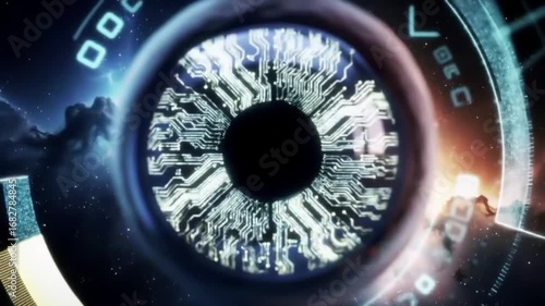 Conceptual illustration of a bionic eye with a digital cornea and circuit board iris on futuristic space and technology backgrounds