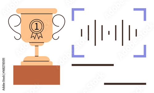 Gold trophy with 1 emblem beside stylized audio waveform in brackets. Ideal for success, leadership, recognition, innovation, technology, achievement, creativity. Simple flat metaphor
