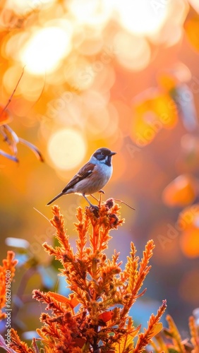 A small bird perches atop a bright orange plant, set against a vibrant, blurred background of orange and yellow hues creating a warm, autumnal feel