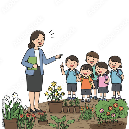 A vibrant 2D vector illustration shows a smiling teacher guiding excited students through a school garden, highlighting beautiful plants and colorful flowers.