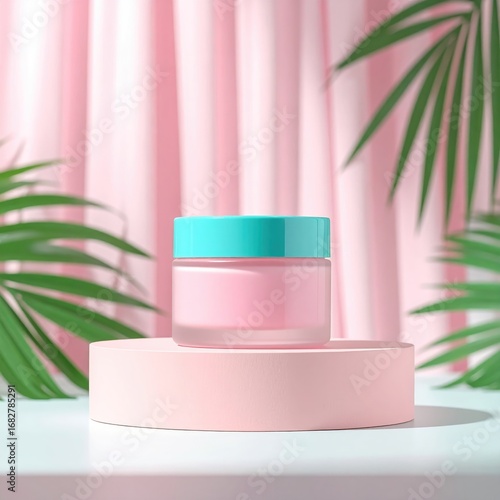 Frosted glass jar with a teal lid on a pink cylinder platform, set against a pink curtain backdrop and green palm leaves