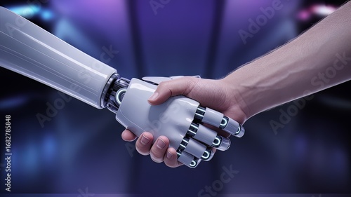 Futuristic partnership concept showcasing human and robot hands shaking, symbolising innovation and technology collaboration for business success
