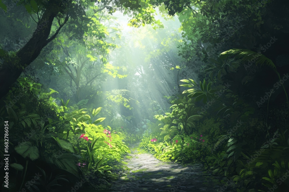 Fototapeta premium Sunlight filters through a lush, verdant jungle path, illuminating a trail amidst vibrant foliage.