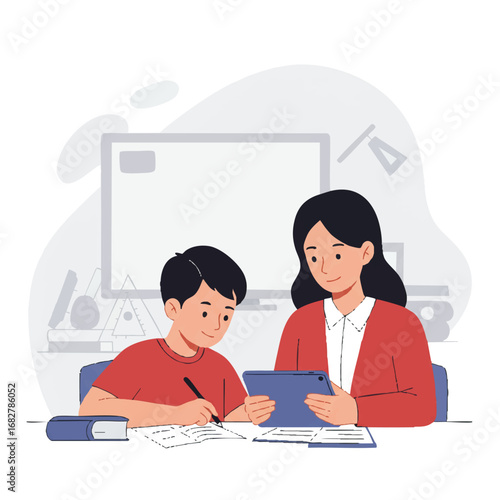 Flat 2D vector illustration showing a female teacher patiently guiding a young student through a problem on a digital tablet in a simplified classroom, emphasizing education and mentorship.
