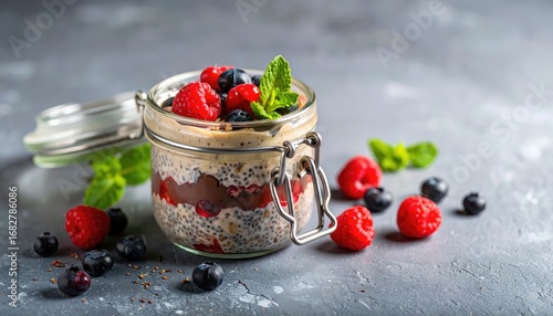 A glass jar filled with layered pudding, chia seeds, fruit, and mint, sitting on a textured gray surface, bathed in soft, natural light