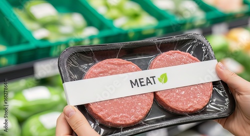 Fresh plant-based meat alternative burger patties, sustainable food choice for conscious consumers in eco-friendly packaging ready for grilling