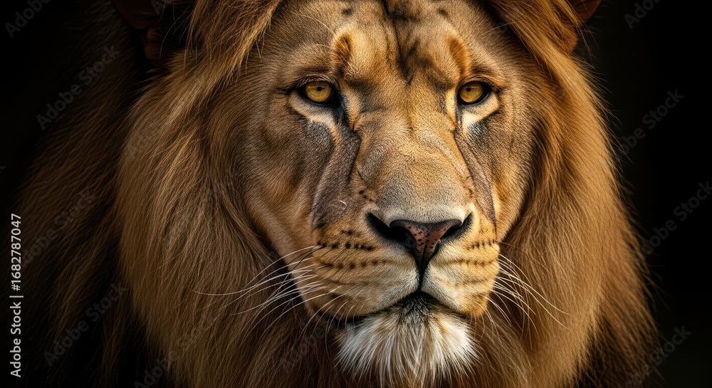 Fototapeta premium Dramatic Portrait of a Lion with Intense Gaze Captivating with its Raw Beauty and Strength