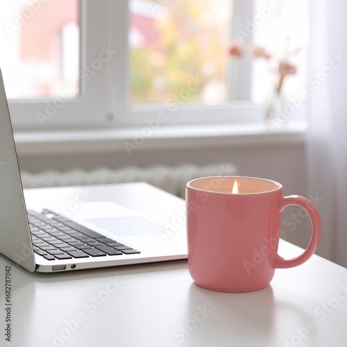 Laptop and candle-filled mug on a white desk by a window, creating a serene workspace atmosphere with blurred foliage background