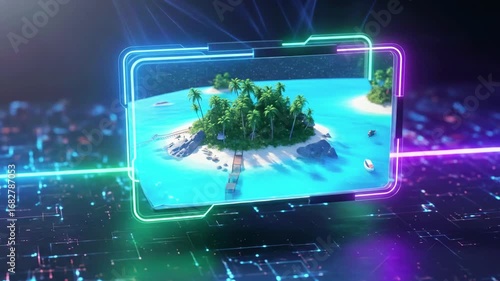 Vibrant digital island landscape showcasing a tropical paradise with palm trees and clear waters