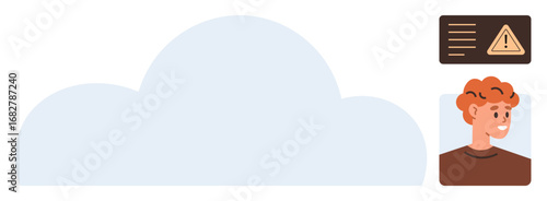 Large cloud, young man smiling, alert notification panel with warning icon. Ideal for technology, security, cloud storage, alert systems, user support data interface digital communication. Simple