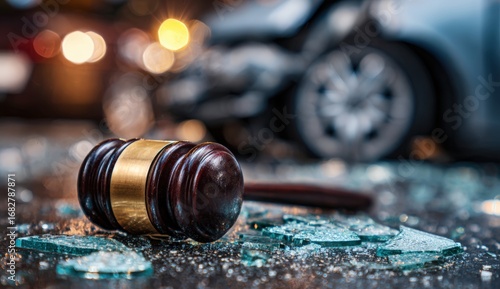 Judge's gavel on shattered glass after a car accident